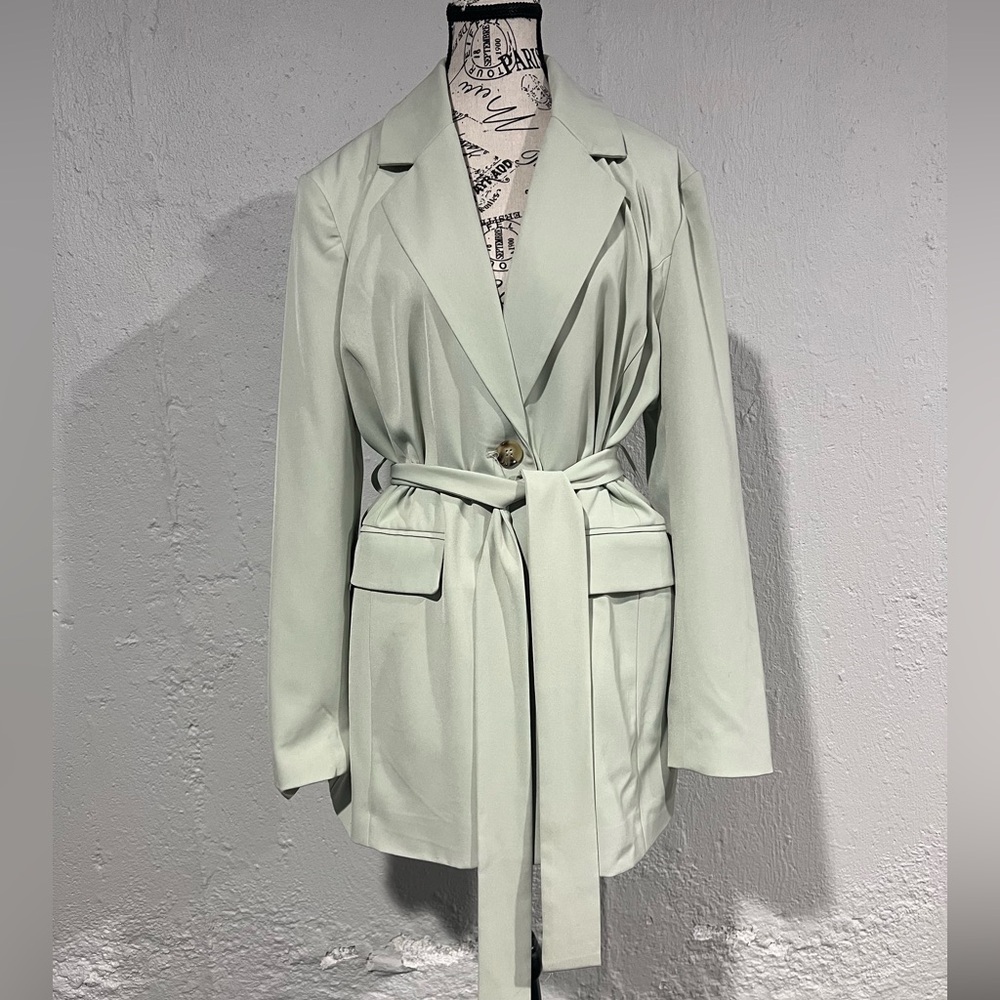 Beautiful sea foam green classic Trench coat with belt- fully lined.